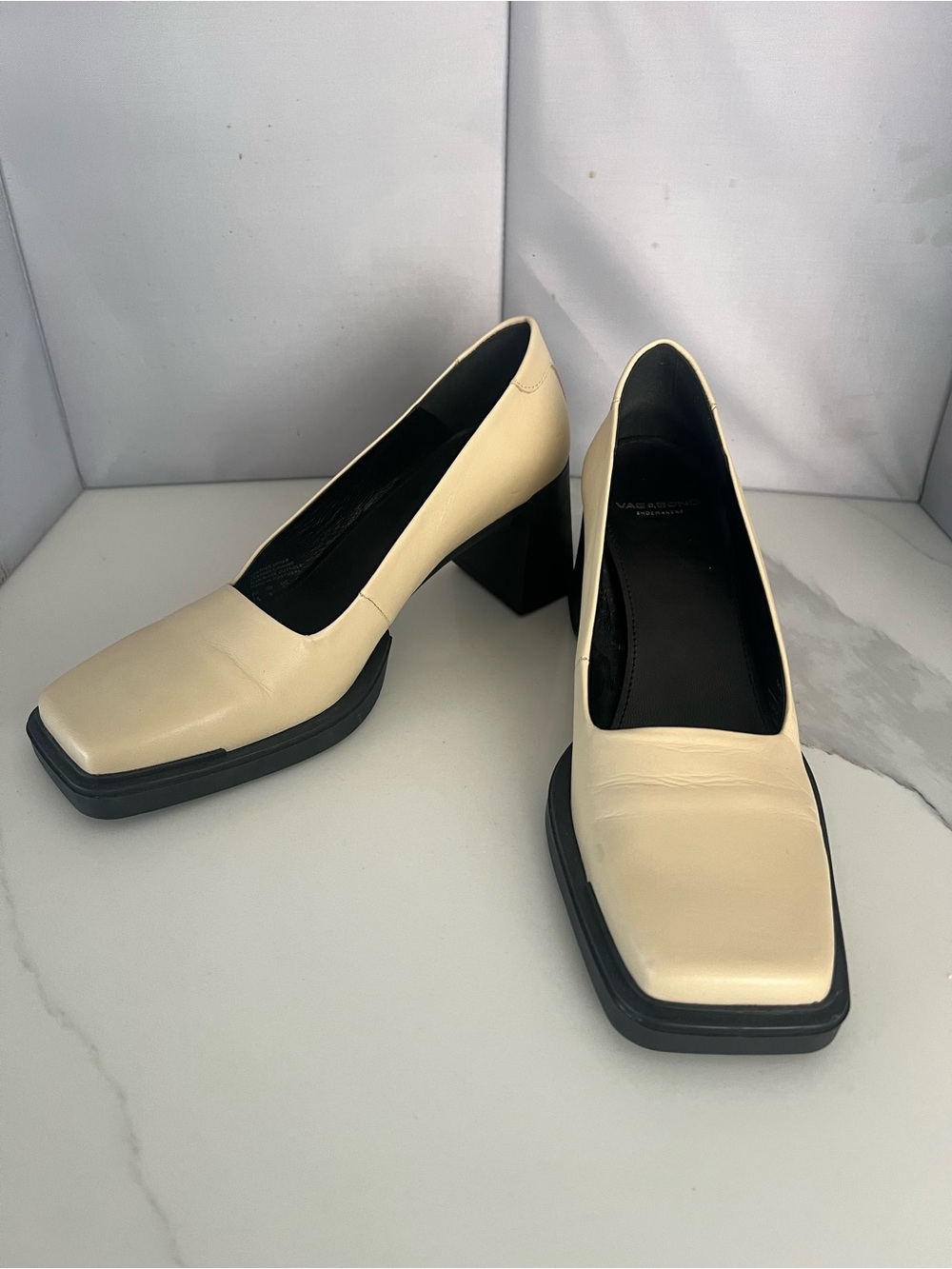 Cream Square-Toe Block Heel Pumps